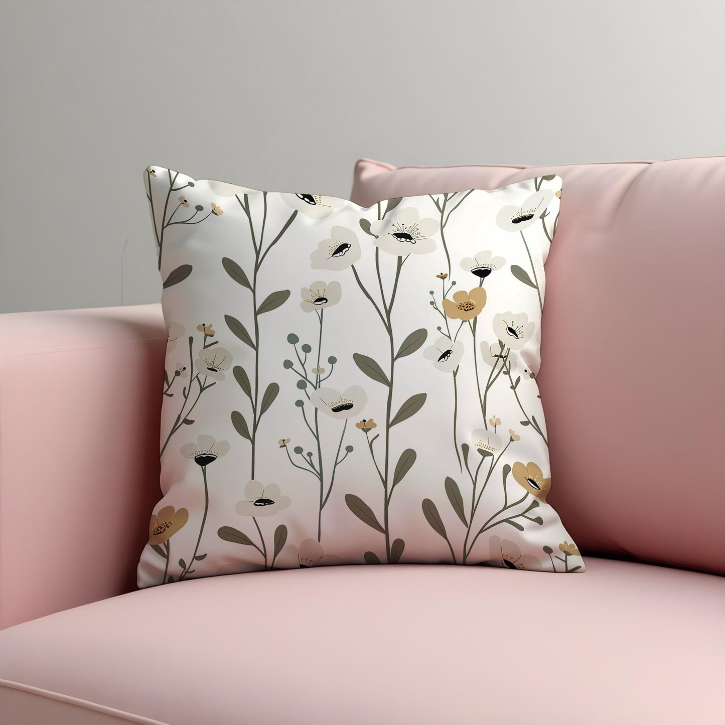 Minimalist Floral Cushion Cover, White & Beige Wildflower Pillow Case