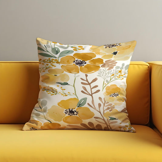 Yellow Floral Cushion Cover, Watercolor Pillow Case