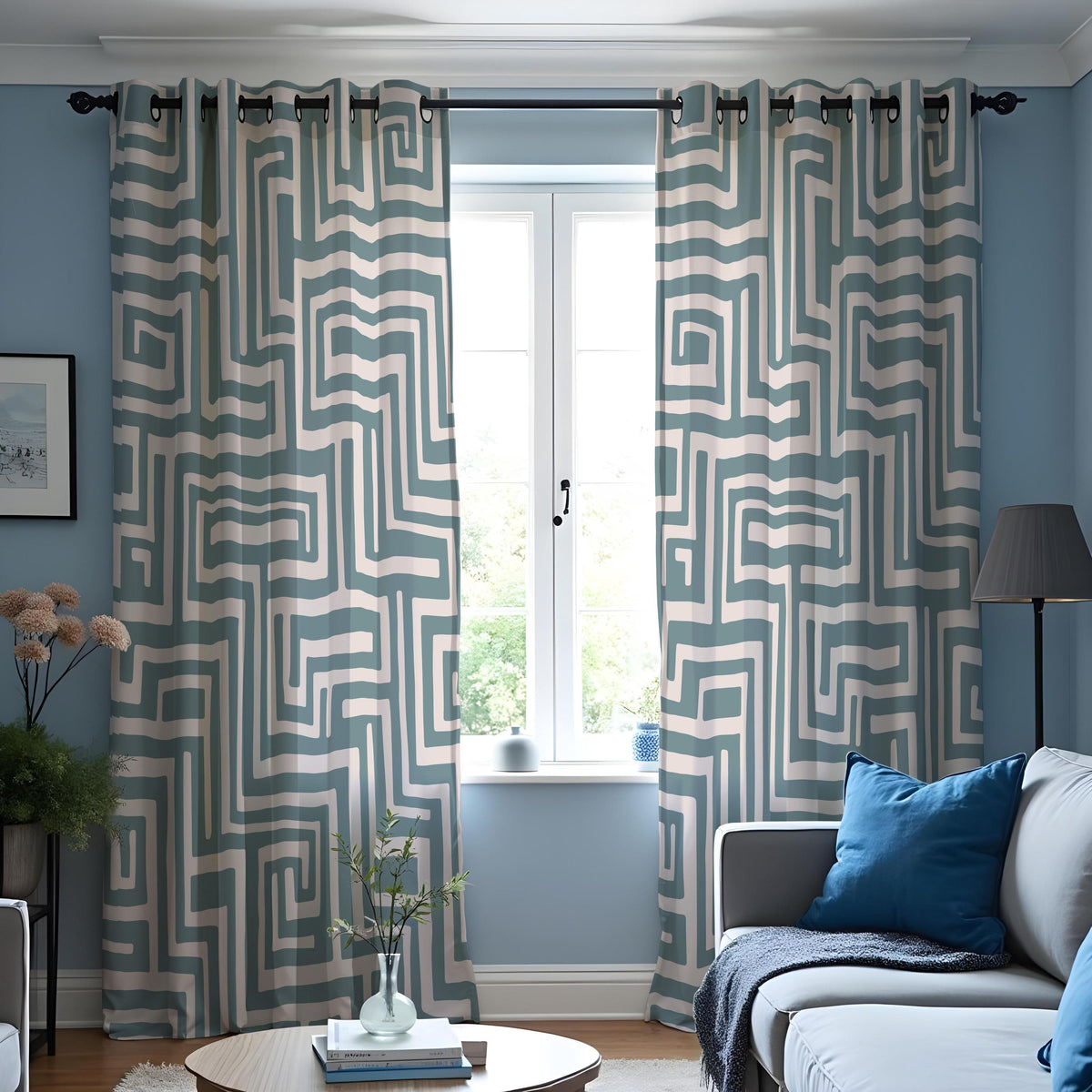 Teal Maze Geometric Curtains, Made to Measure Window Drapes