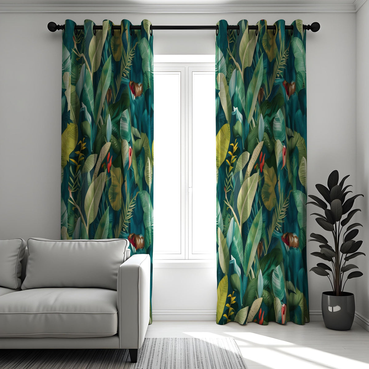 Green Palm Leaf Curtains, Tropical Jungle Botanical Drapes