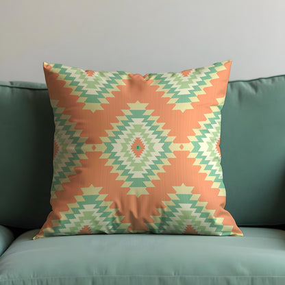 Southwestern Aztec Cushion Cover, Peach & Mint Tribal Throw Pillow Cover