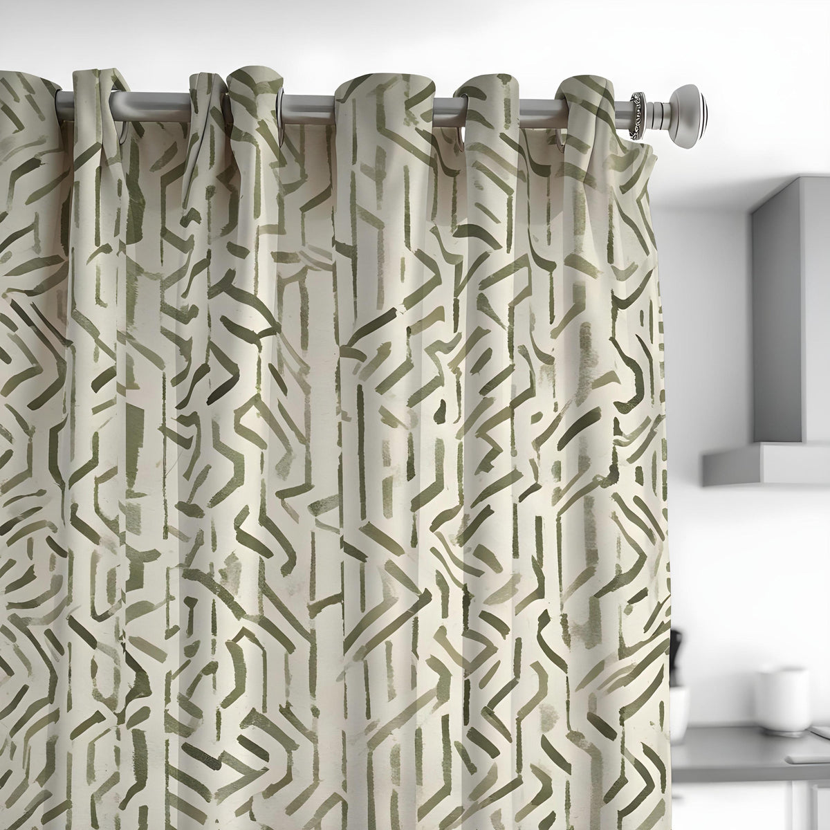 Beige & Green Geometric Curtains, Contemporary Drapes