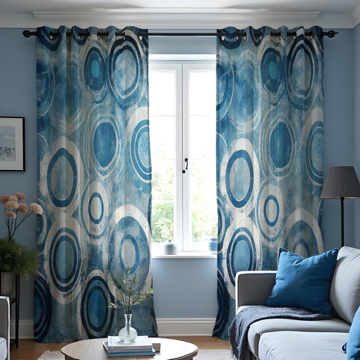 Blue Retro Circle Curtains, Mid Century Geometric Drapes