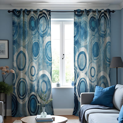 Blue Retro Circle Curtains, Mid Century Geometric Drapes