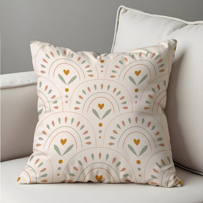 Boho Rainbow Cushion Cover, Arches with Heart & Leaf Motif Pillow Case