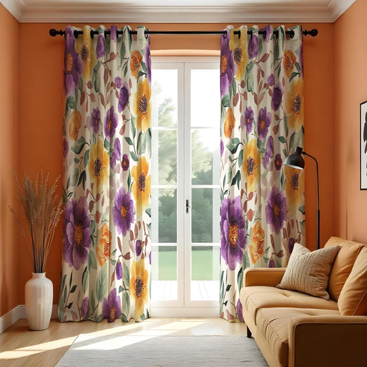 Purple Yellow Watercolor Flower Curtains, Floral Drapes