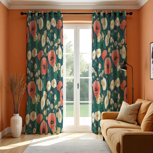 Red Poppy & Daisy Floral Curtains, Botanical Print Drapes