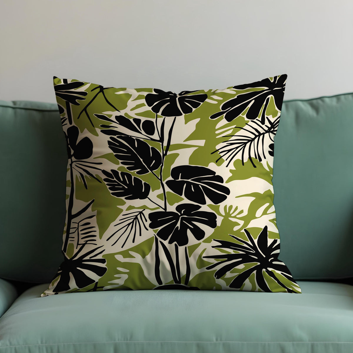 Black Green Leaf Cushion Cover, Tropical Pillow Case
