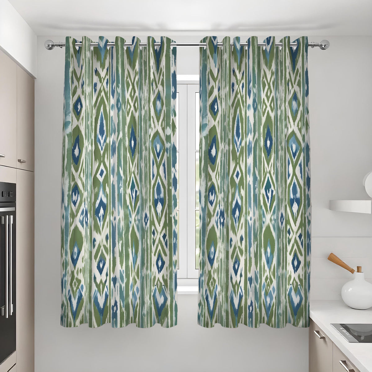Green Blue Boho Ikat Curtains, Vertical Geometric Drapes