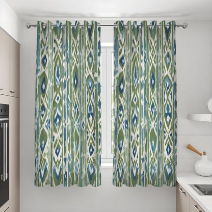 Green Blue Boho Ikat Curtains, Vertical Geometric Drapes