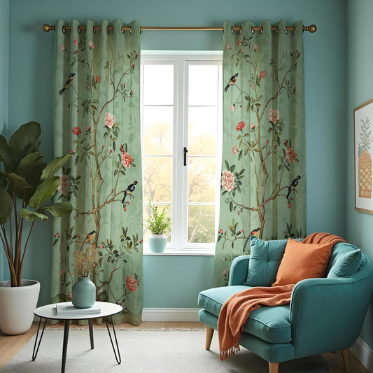 Green Chinoiserie Curtains, Birds & Blossoms Botanical Drapes