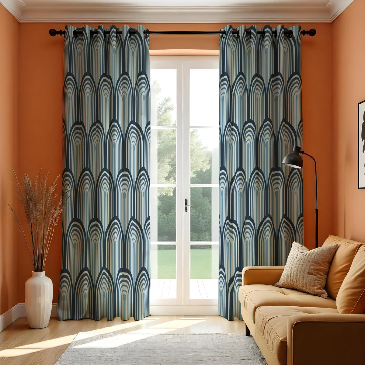 Blue Retro Arch Curtains, Mid Century Geometric Drapes