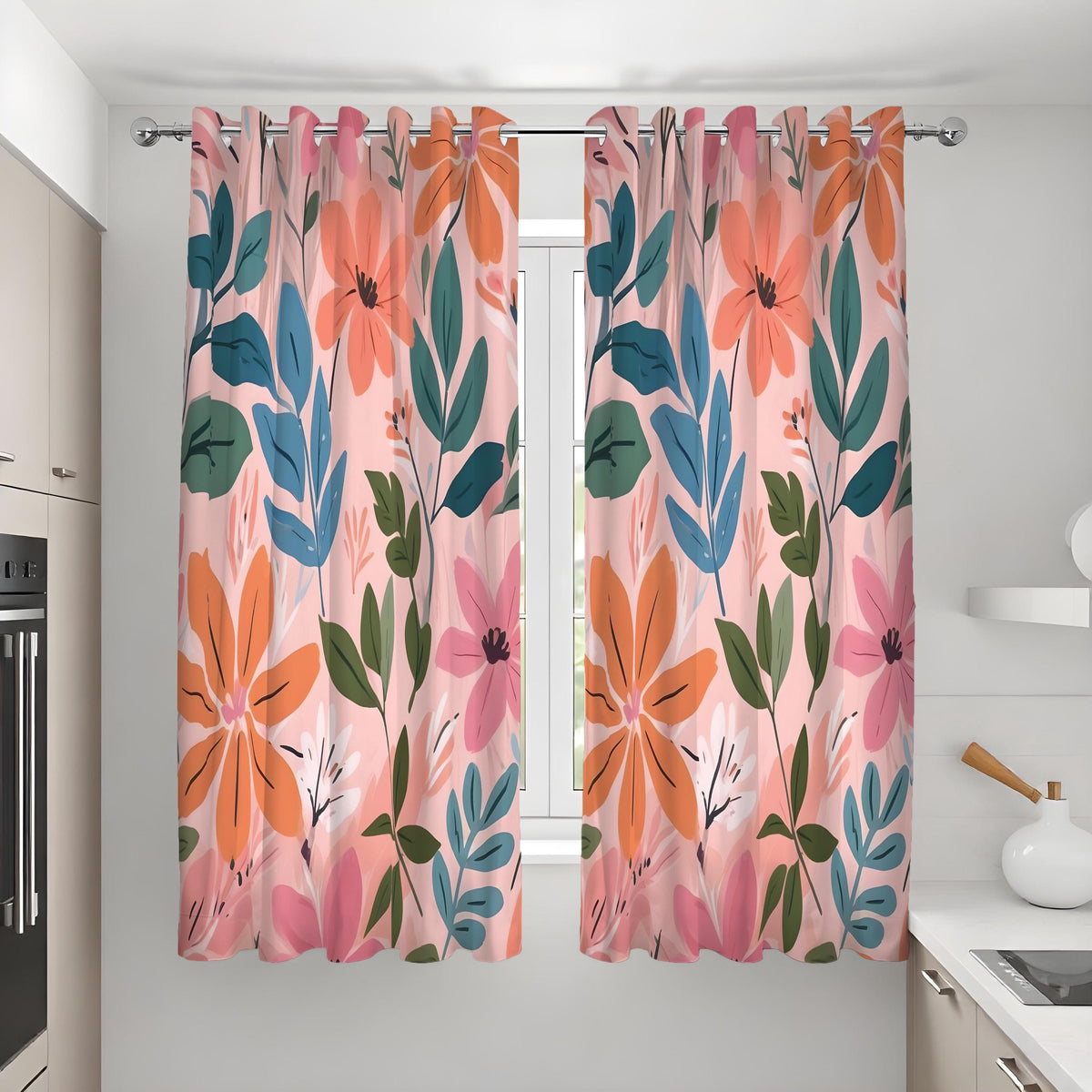 Peach Floral Curtains, Teal & Orange Leaf Botanical Drapes