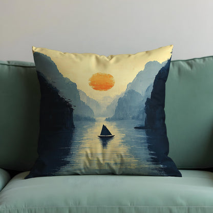 Serene Sunset Lake Cushion Cover, Tranquil Nature Landscape Throw Pillow Cover