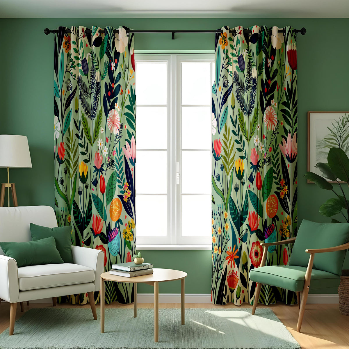 Vibrant Flower & Leaf Curtains, Colorful Botanical Drapes