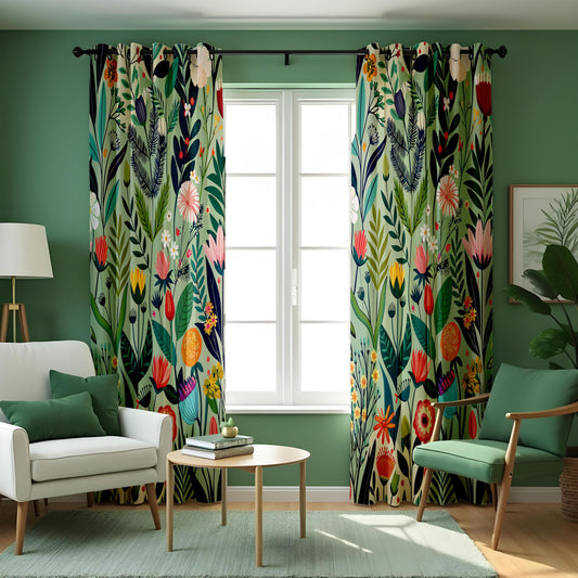 Vibrant Flower & Leaf Curtains, Colorful Botanical Drapes