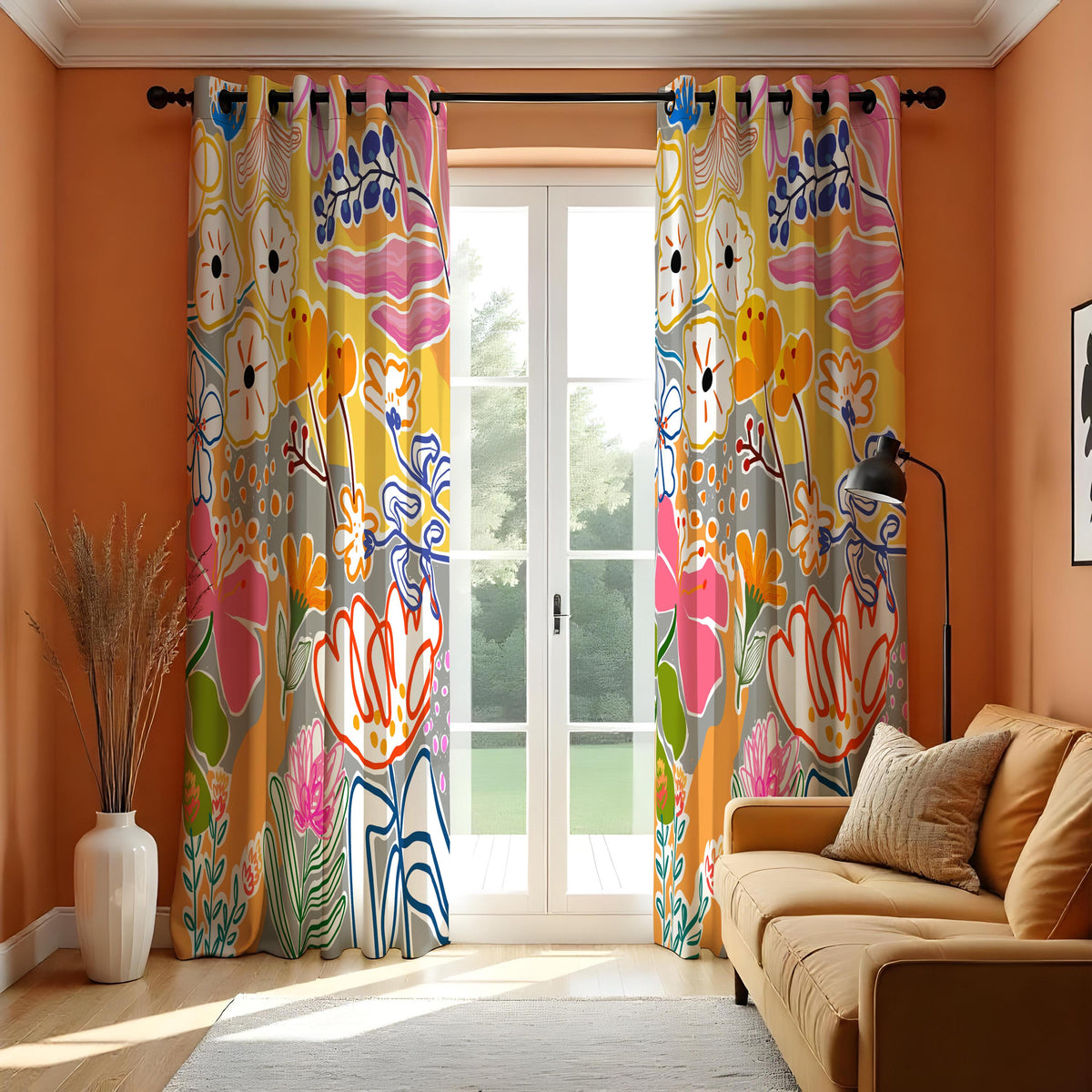 Bright Abstract Floral Curtains, Boho Art Print Drapes
