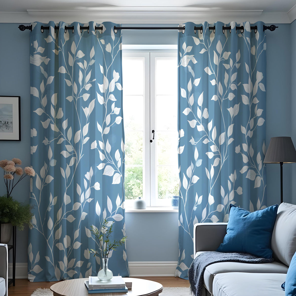 Blue Leaf Print Curtains, White Foliage Botanical Drapes