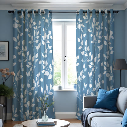 Blue Leaf Print Curtains, White Foliage Botanical Drapes