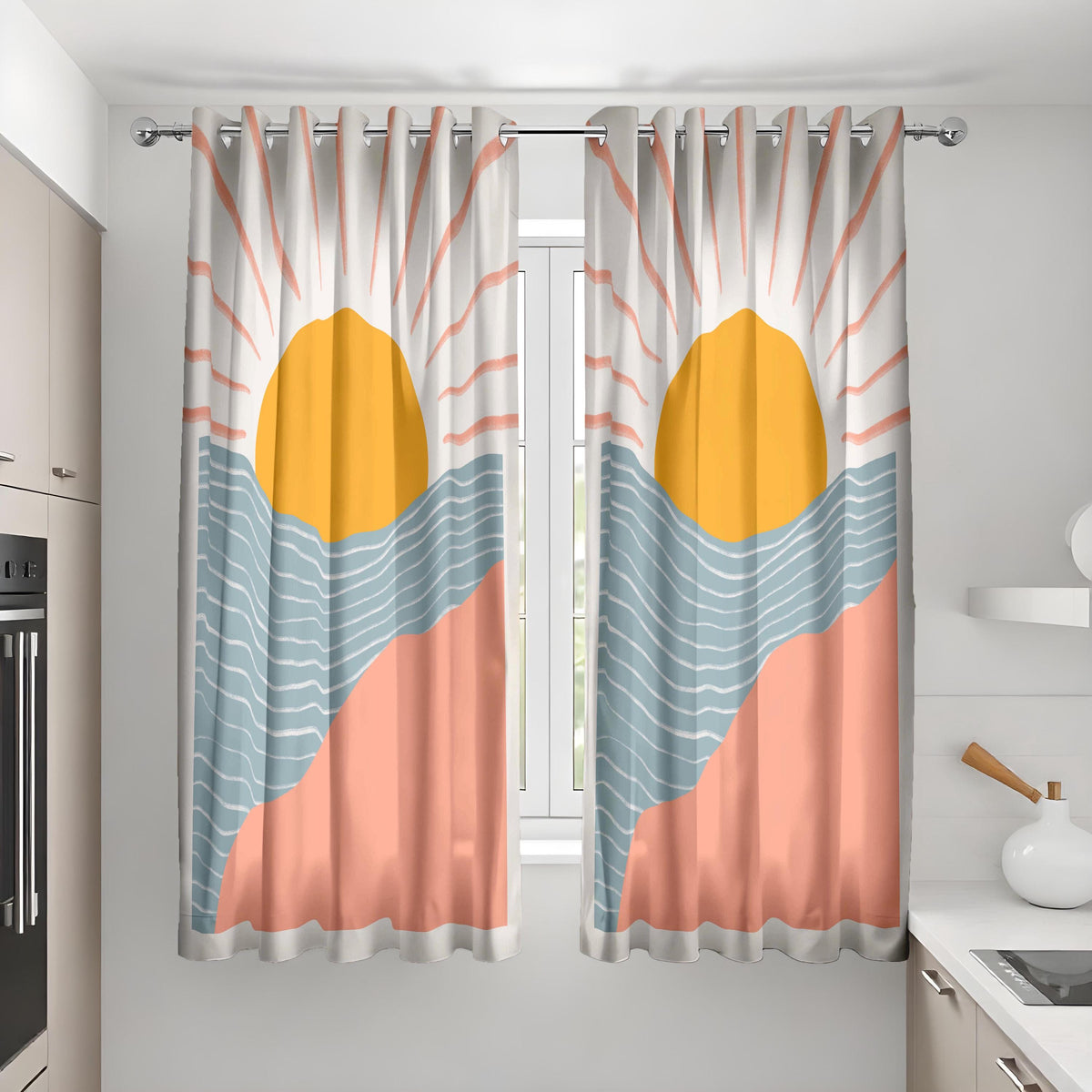 Boho Sunrise Landscape Curtains, Abstract Sun & Wave Drapes