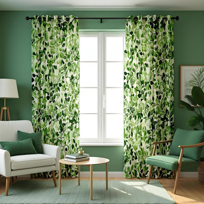 Green Leaf Botanical Curtains, Tropical Print Custom Drapes