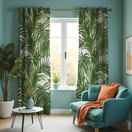 Green Palm Leaf Curtains, Tropical Botanical Custom Drapes