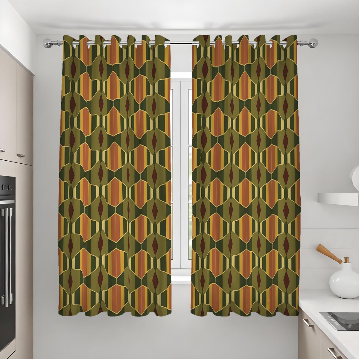 Olive Mustard Brown Retro Curtains, Mid Century Drapes