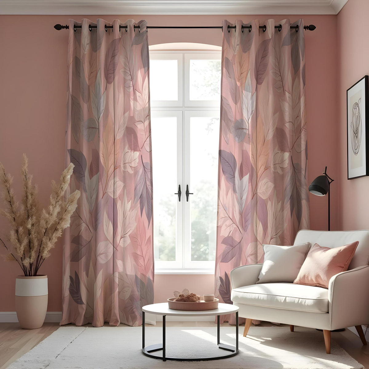 Dusty Pink Leaf Curtains, Soft Botanical Window Drapes