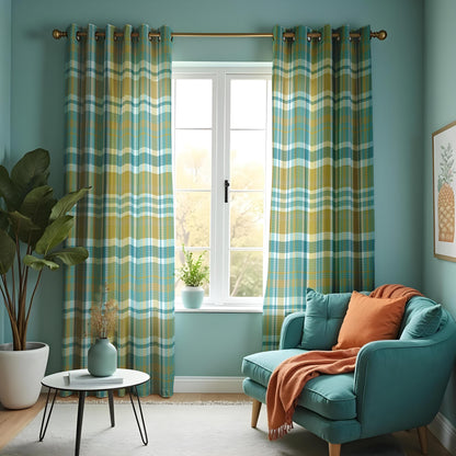 Green Plaid Check Curtains, Farmhouse Style Window Drapes