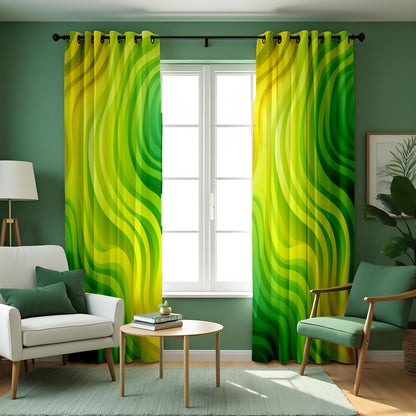 Green Yellow Wave Curtains, Modern Abstract Window Drapes