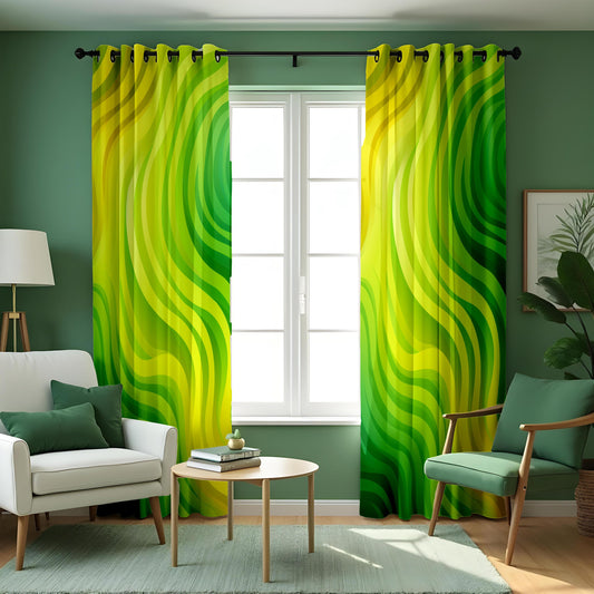 Green Yellow Wave Curtains, Modern Abstract Window Drapes
