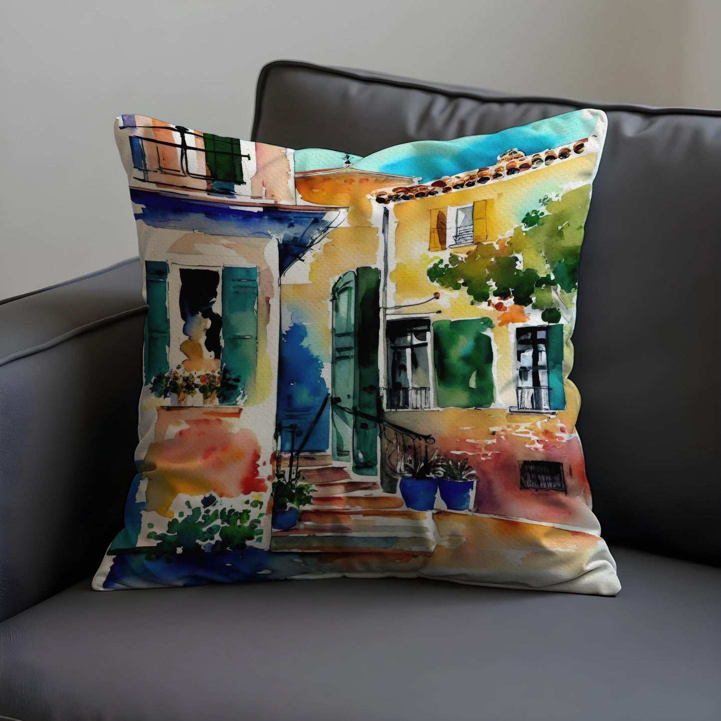 Mediterranean House Cushion Cover, Watercolor Village Scene Pillowcase