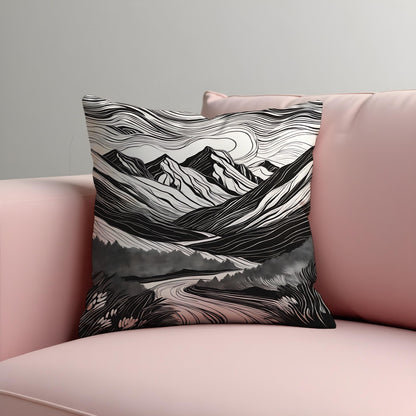 Black & White Mountain Cushion Cover, Monochrome Landscape Pillow Cover