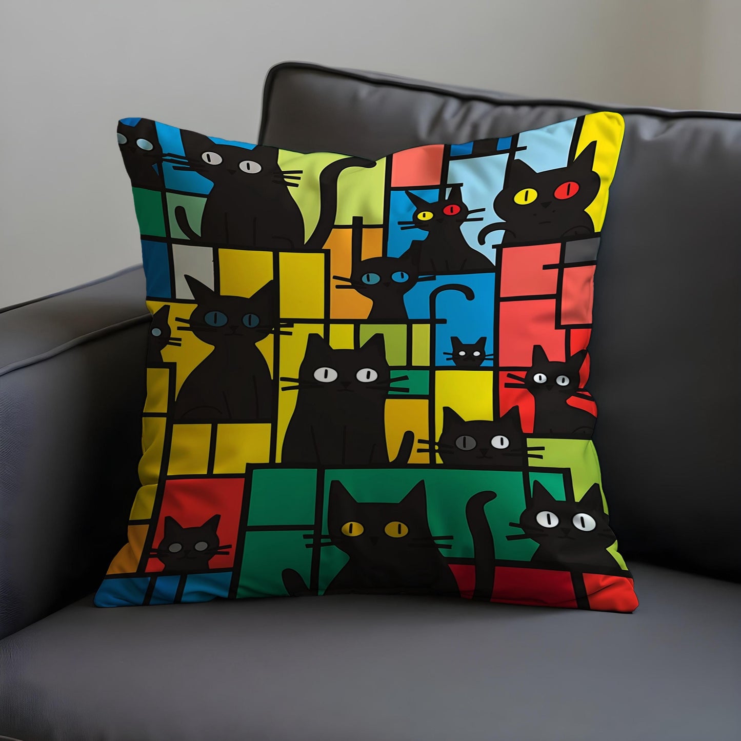 Colorful Black Cat Cushion Cover, Modern Art Throw Pillow Case