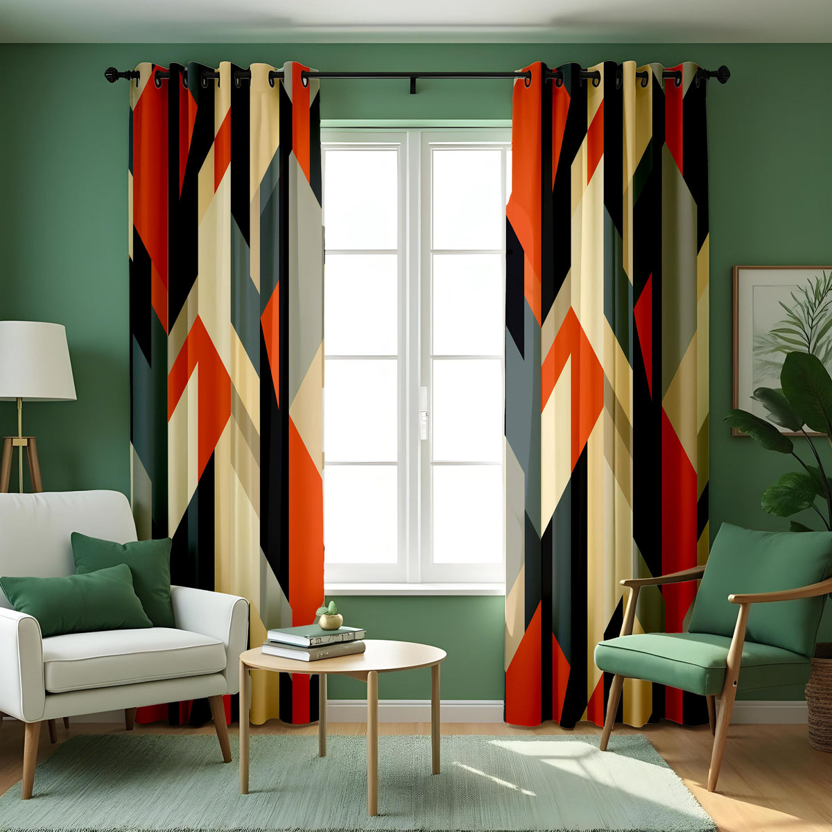 Orange Navy Beige Geometric Curtains, Angular Abstract Drapes