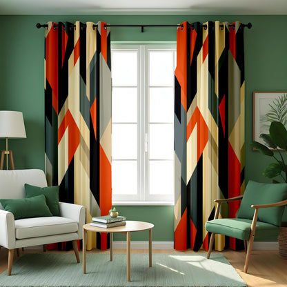 Orange Navy Beige Geometric Curtains, Angular Abstract Drapes