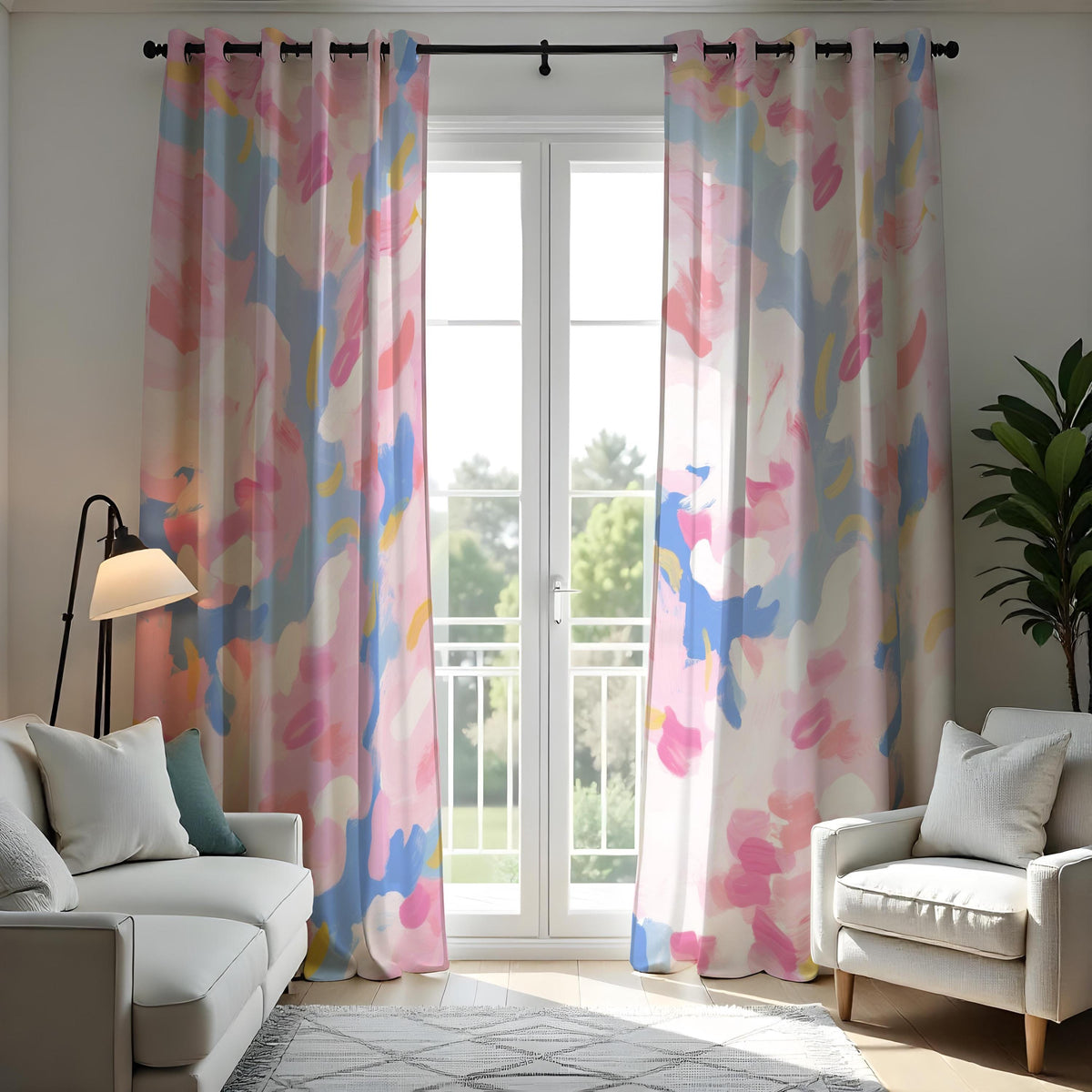 Pink Blue Pastel Watercolor Curtains, Abstract Print Drapes