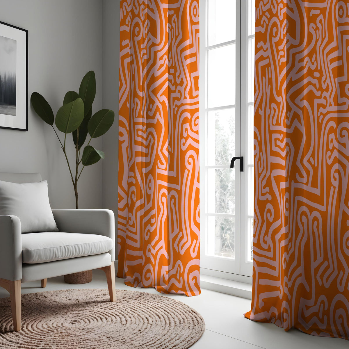 Orange Line Art Curtains, Abstract Geometric Window Drapes