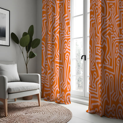 Orange Line Art Curtains, Abstract Geometric Window Drapes