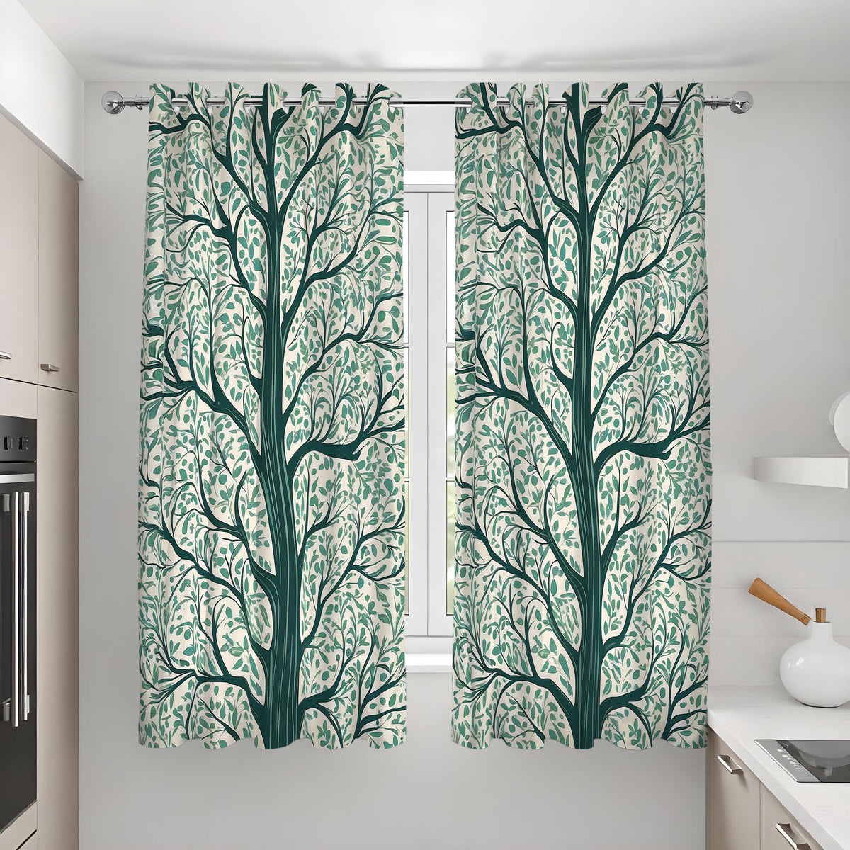 Green Tree Silhouette Curtains, Branch & Leaf Botanical Drapes