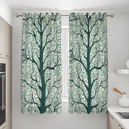 Green Tree Silhouette Curtains, Branch & Leaf Botanical Drapes