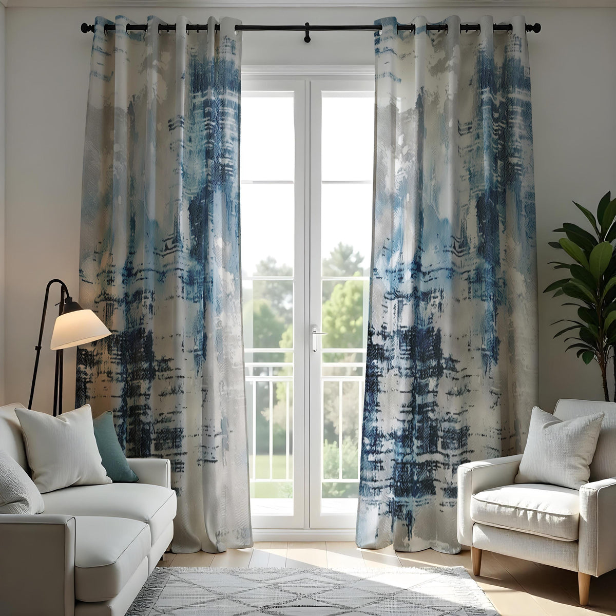 Blue Brushstroke Art Curtains, Contemporary Abstract Drapes