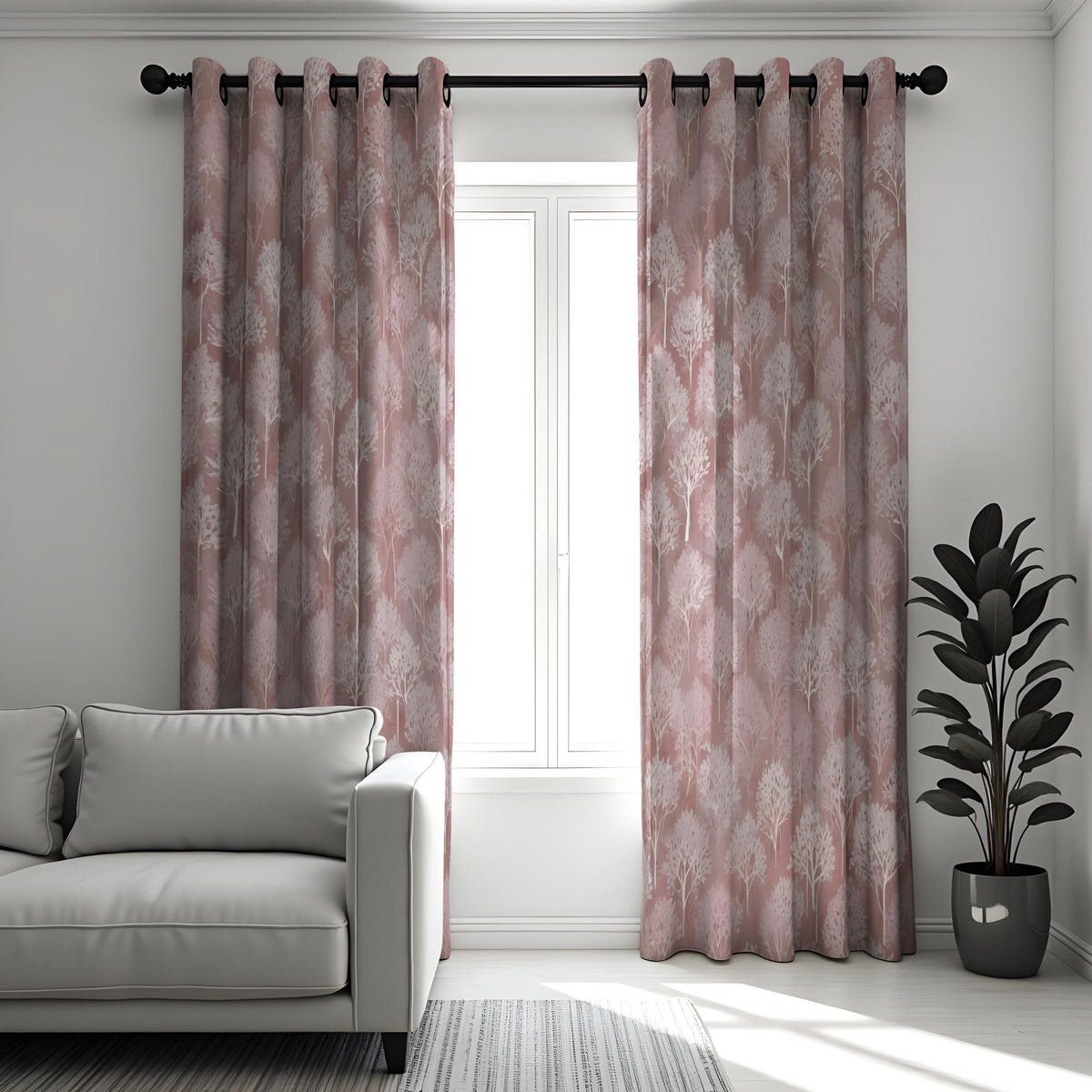 Dusty Rose Tree Curtains, Pink Woodland Silhouette Drapes