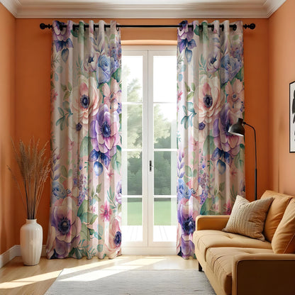 Purple & Blue Peony Curtains, Watercolor Floral Drapes
