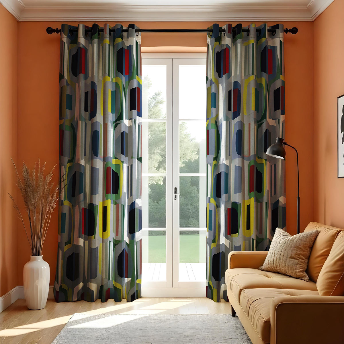 Mid Century Modern Geometric Curtains, Retro Window Drapes