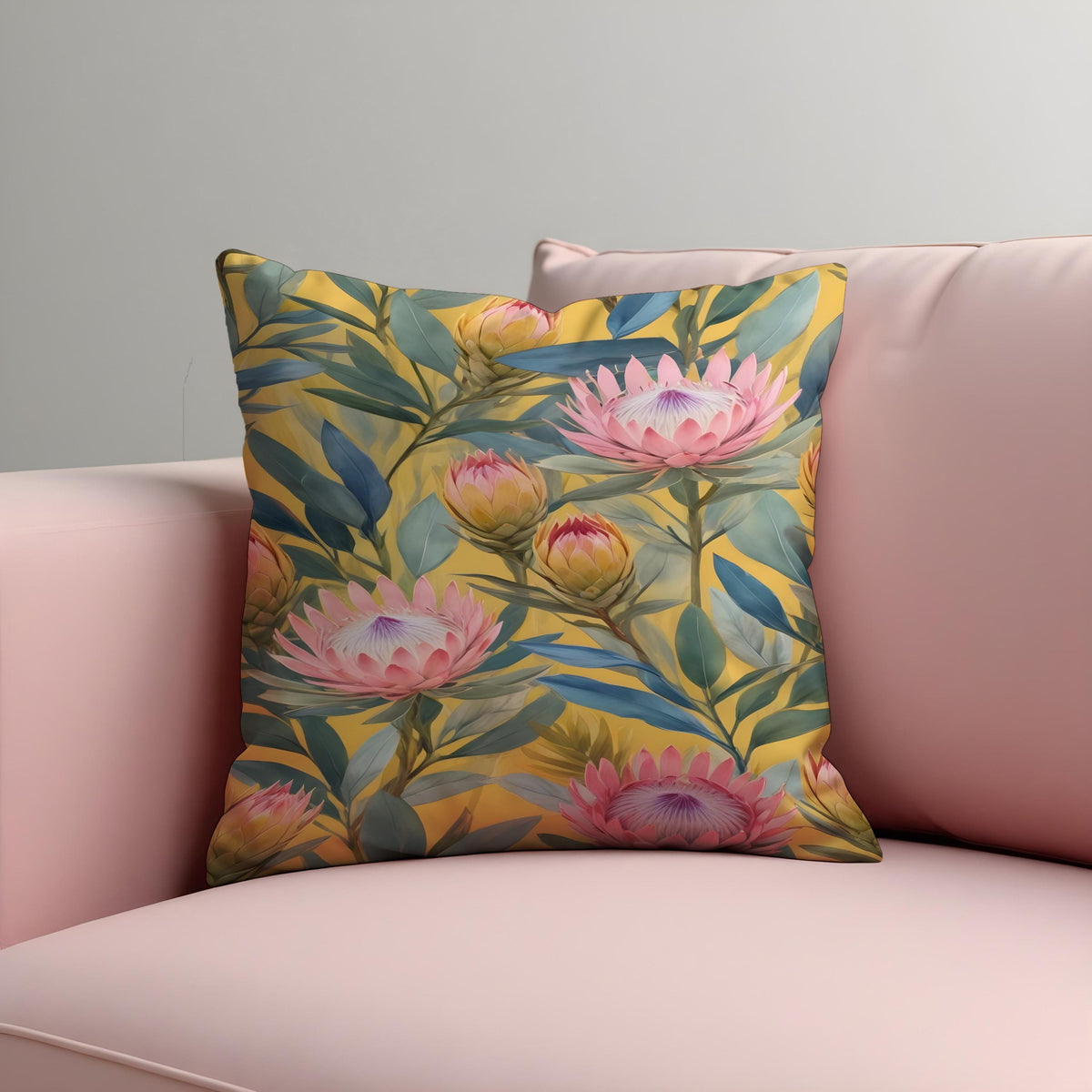 Yellow Floral Cushion Cover, Pink Protea Pillow Case
