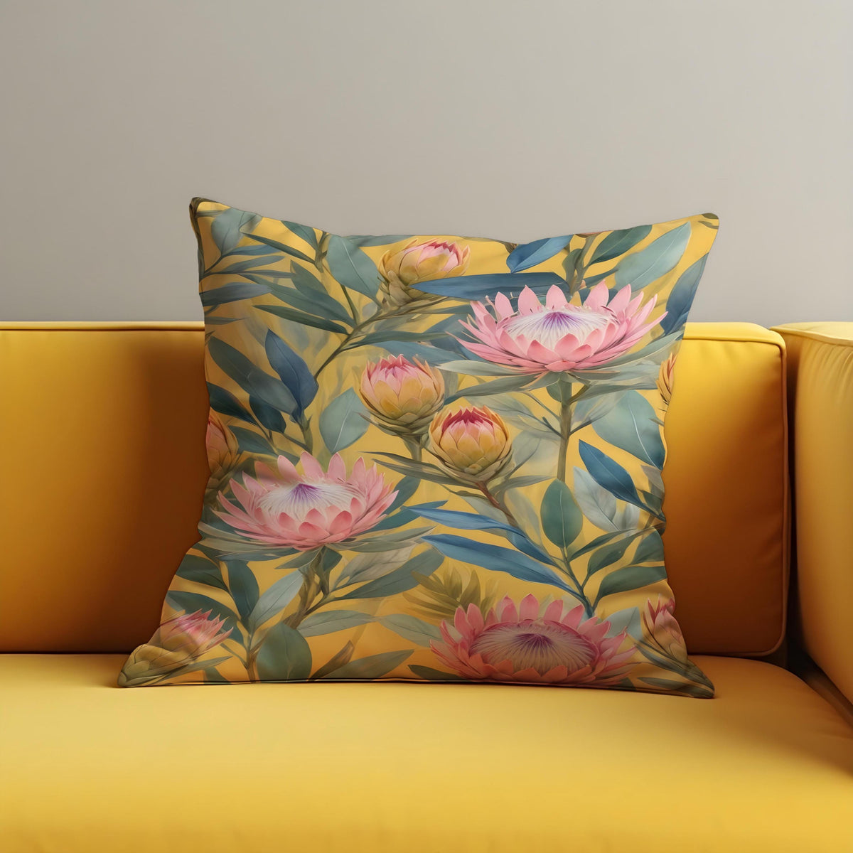 Yellow Floral Cushion Cover, Pink Protea Pillow Case