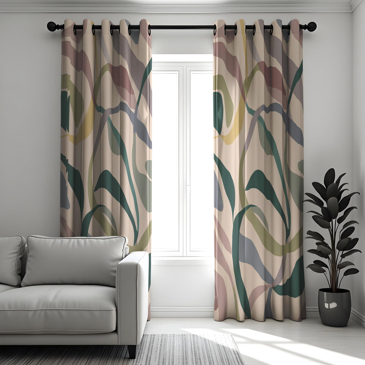 Earth Tone Abstract Leaf Curtains, Botanical Print Drapes