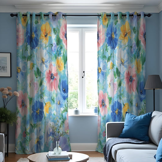 Blue and Yellow Floral Curtains, Watercolor Spring Drapes