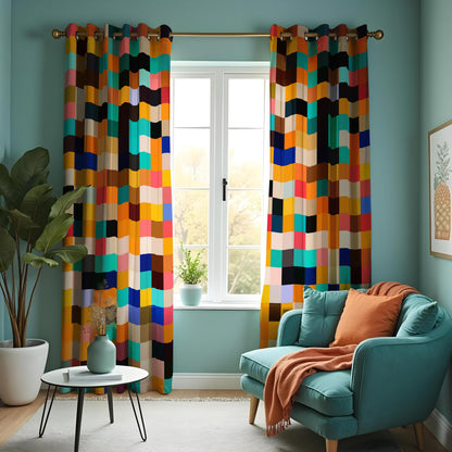 Color Block Wavy Curtains, Multicolor Geometric Drapes
